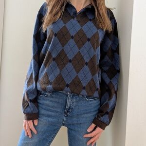 Vintage Argyle Patterned Collared Polo Henley In Chocolate Brown/Blue
